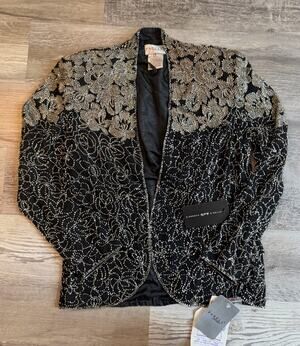 PAPELL Boutique Beaded Evening Jacket Blazer Black Silver Size S NWT Formal